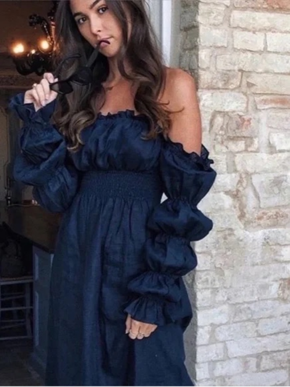 Sleeper Michelin navy midi linen dress size small